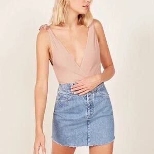 Reformation Macey Bodysuit Sleeveless Tie Shoulder Ribbed Soft Pink Womens Sz S